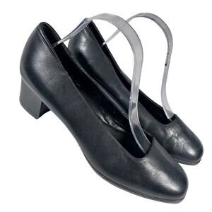 ROCKPORT! BLACK GENUINE LEATHER DIMPLY ELEGANT LOW HEEL PUMPS, HEELS! SZ 9.5M